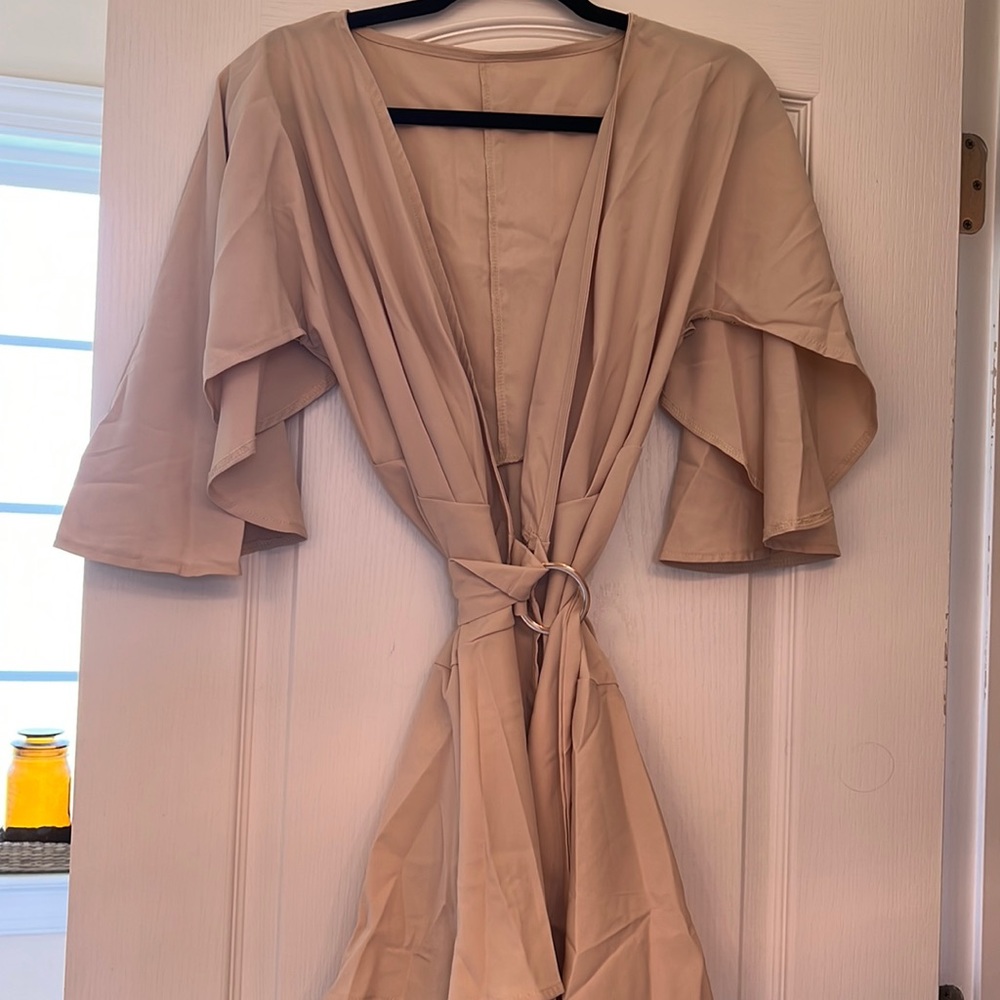 Tan gold belted wrap dress